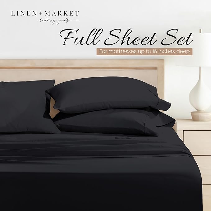 Linen Market Brushed Microfiber Full Sheet Set 4 Piece – Oeko-TEX Certified Ultra Soft & Wrinkle-Free - 16" Deep Pocket Sheets - Easy Care Full Size - Black