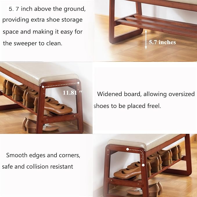 Solid Wood Shoe Bench, 2-Tier Wooden Entryway Bench, Modern Shoe Rack with Faux Leather Cushion for Hallway, Living Room (Gray, 39.4'')
