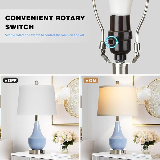 Modern Blue Table Lamp Set of 2, 24" Ceramic Table Lamp with USB A+C Ports,Classic Beside Lamps Nightstand Lamp Modern Lamp for Living Room, Bedroom & Office -LED Bulbs Included