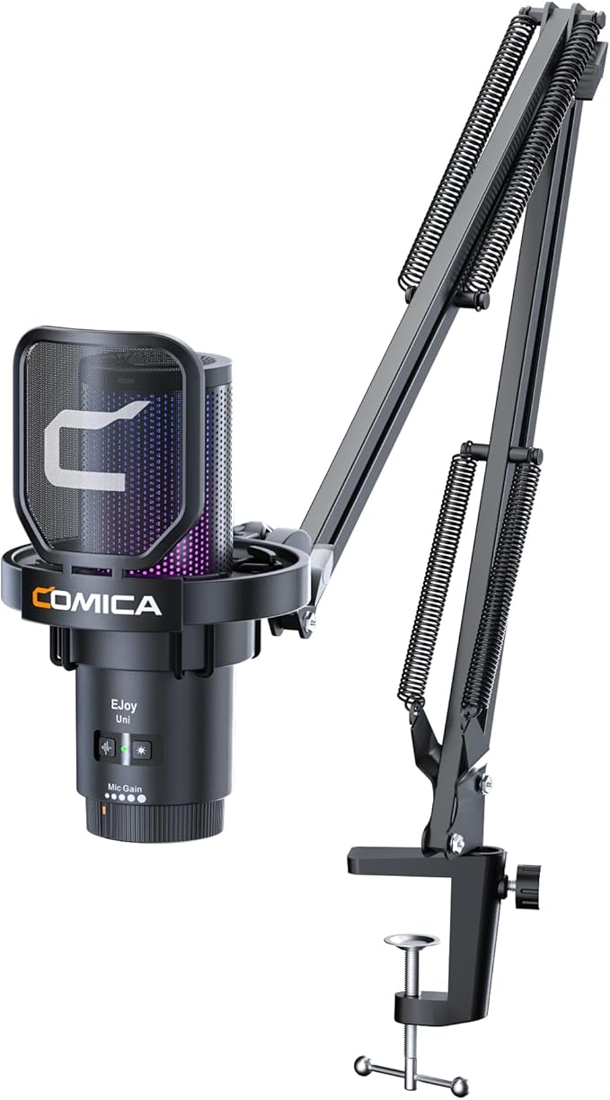 COMICA EJoy Uni USB Condenser Gaming for PC, PS4, PS5, USB C Phone, and Mac, Boom Arm RGB Computer Mic for Twitch, Streaming/Podcasting/YouTube, Noise Cancellation Mic with Mute, Gain, Monitoring