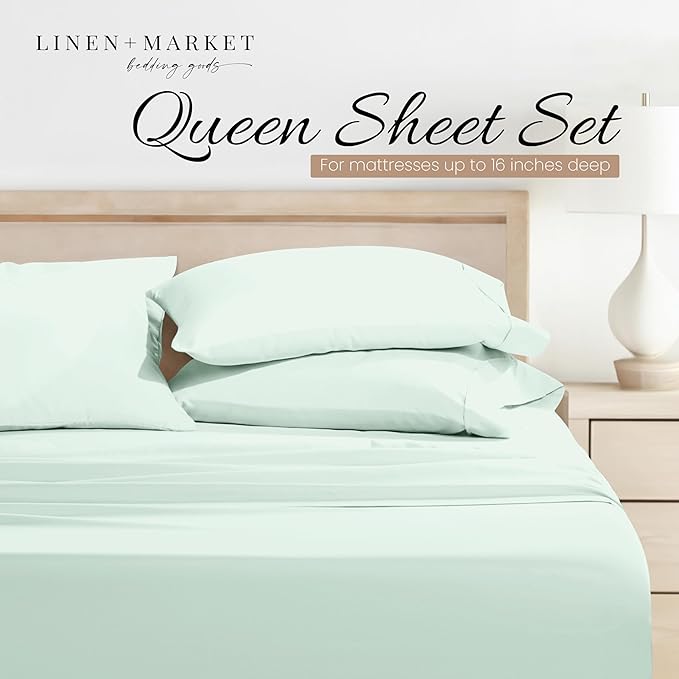 Linen Market Double-Brushed Microfiber Queen Sheet Set 4 Piece – Oeko-TEX Certified Ultra Soft & Wrinkle-Free - 16" Deep Pocket Sheets - Easy Care Queen Size - Mint