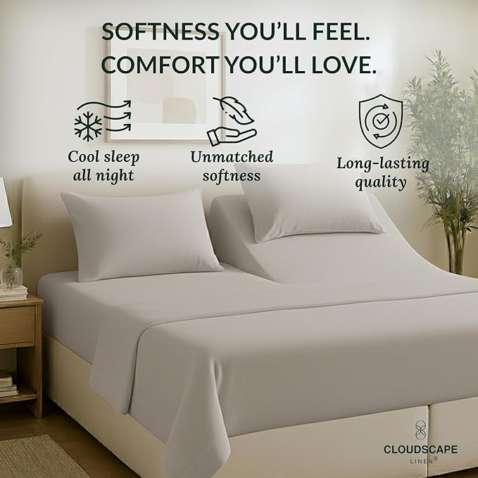 Cloud Scape Linen 100% Egyptian Cotton Split King Sheet Set for Adjustable Bed,400 Thread Count, 5 Pcs Bedding Set, Soft, Breathable and Durable, Deep Pockets up to 17, Light Grey