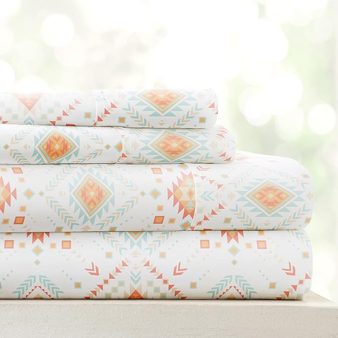 Linen Market Double-Brushed Patterned Microfiber Full Sheet Set 4 Piece – Oeko-TEX Certified Ultra Soft & Wrinkle-Free - 16" Deep Pocket Sheets - Easy Care Full Size - Aztec Dreams Coral