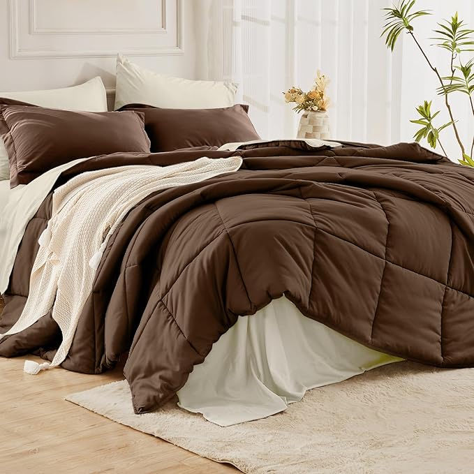 JOLLYVOGUE Twin Comforter Set, Ultra-Soft Bed in a Bag Twin Size 5 Pieces, Oeko-TEX Certified Bedding Set with Down Alternative Comforter, Sheets, Pillowcases & Shams, Brown & Beige