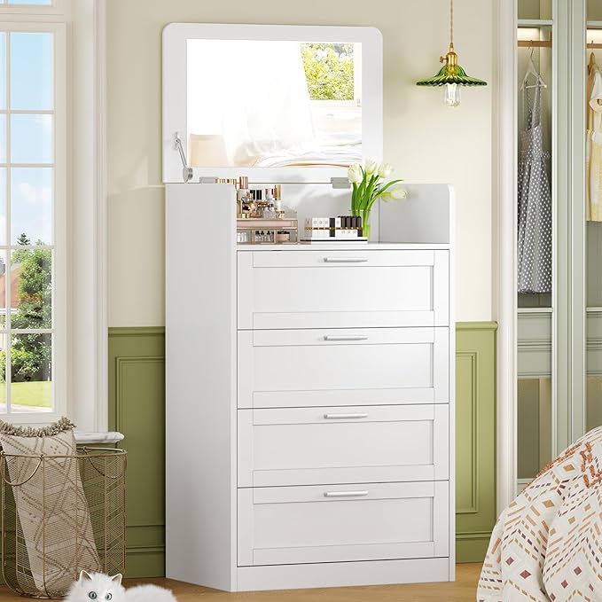 TEENFON Dresser for Bedroom, Tall White Dresser with 4 Drawers, Dressers with Mirror, Chest of Drawers for Bedroom, Living Room, Closet, Hallway, White