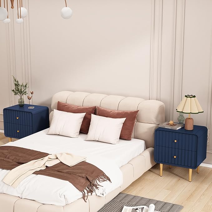 HLR Modern Nightstand Set of 2, Fluted Bed Side Table with 2 Drawers Storage, Wood End Table with Gold Metal Handle, Blue Night Stands for Bedroom