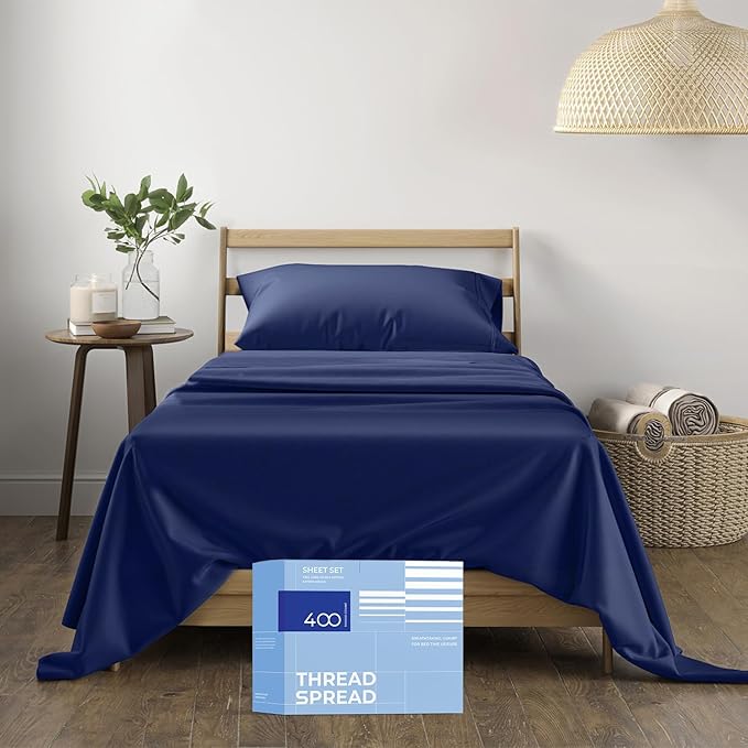 THREAD SPREAD Twin XL Sheet Sets Cotton - 400 Thread Count 100% Cotton XL Twin Sheets, 3 PC (Navy Blue), Luxury Soft, Breathable, Cooling, Extra Large 16" Deep Pocket Sateen Bedsheet for Dorm Rooms