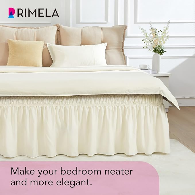 RIMELA Off White Bed Skirt Queen Size 15 Inch Drop, Elastic Bed Skirting for Bed Base and Frame, Bedding Dust Ruffle Easy to Install, Lightweight Wrap Around Adjustable Bedskirt