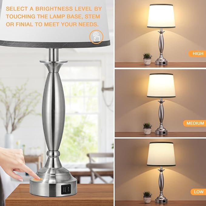 Seealle Lamps for Bedrooms Set of 2 - Touch Bedside Lamp with USB C+A, 3 Way Dimmable Nightstand Lamps with USB Port, Wood Table Lamp for Living Room Guest Room Bed Side End Table(Bulbs Included)