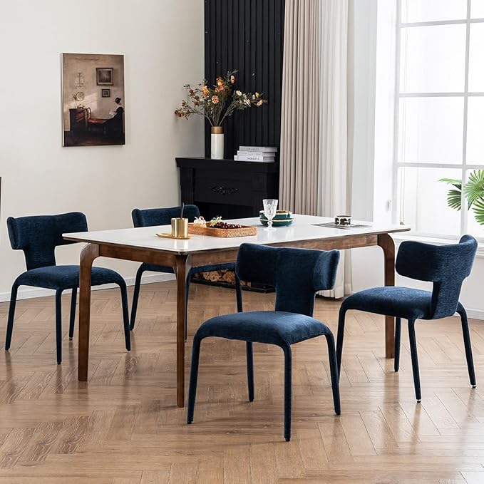 Kidol & Shellder Dining Chairs Set of 6,Modern Upholstered Fabric Dining Room Chairs with Curved Barrel Back,Armless Kitchen Chairs with Metal Legs and Padded Seat for Living Room and Bedroom Blue