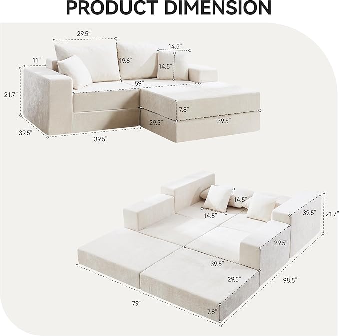 Boneless Sectional Loveseat Couch with Ottoman, Convertible Modular Floor Sleeper Sofa Bed, Comfy Foldable Compression Love Seat Sofa for Living Room, No Assembly, Beige