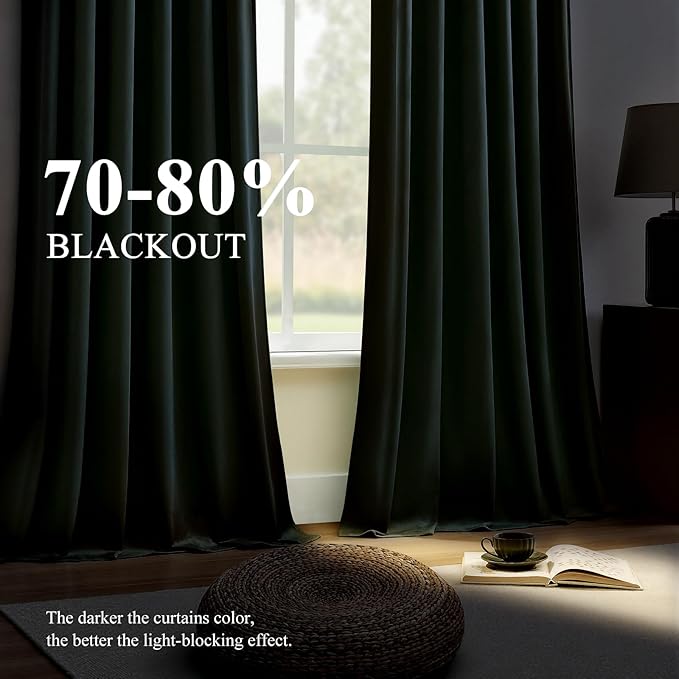 Velvet Curtains 108 Inches Long for Bedroom, Luxury Room Darkening Thermal Insulated Blackout Curtains Luxury Window Drapes for Living Room, Back Tab Rod Pocket, Dark Green, W52 x L108, 2 Panels
