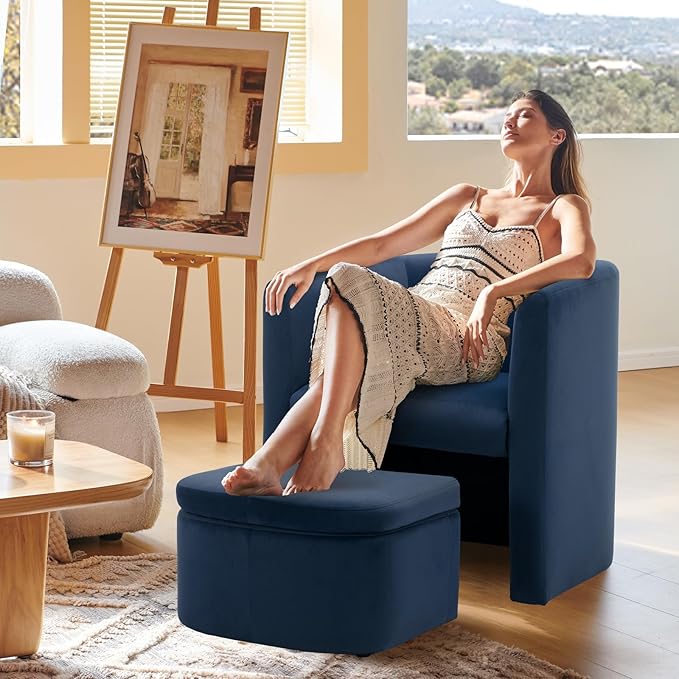 Mid-Century Velvet Living Room Chair with Storage Ottoman, Space-Saving Accent Chairs for Bedroom/Reading Spaces/Office, Blue