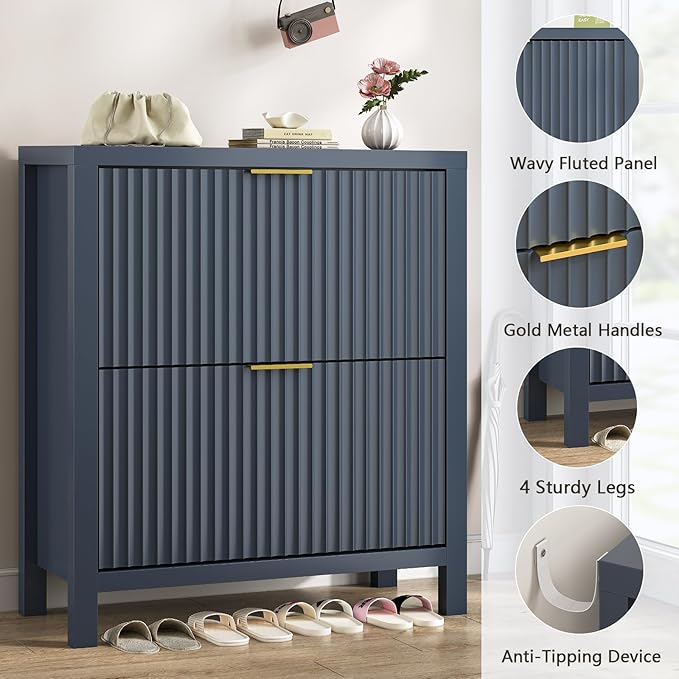 Shoe Cabinet Storage for Entryway, Fluted Shoe Cabinet with 2 Flip Drawers, Hidden Shoe Rack Tall Freestanding Shoe Organizer with Legs for Hallway, Blue