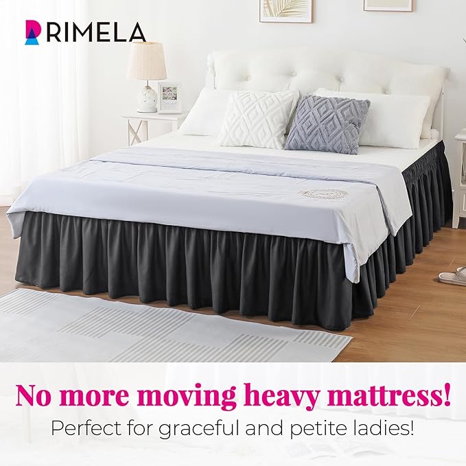 RIMELA Black Bed Skirt King Size 14 Inch Drop, Elastic Bed Skirting for Bed Base and Frame, Bedding Dust Ruffle Easy to Install, Lightweight Comforter Set with Wrap Around Adjustable Bedskirt