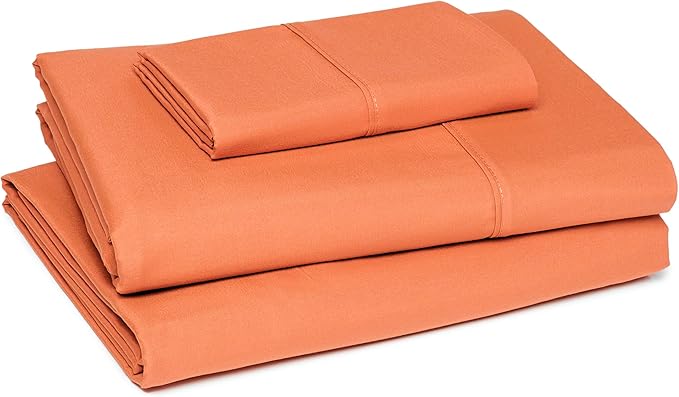 Amazon Basics Lightweight Super Soft Easy Care Wrinkle Free Microfiber 3 Piece Bed Sheet Set with 14-Inch Deep Pockets, Twin, Brick, Solid, Kids, Men & Women Bedding