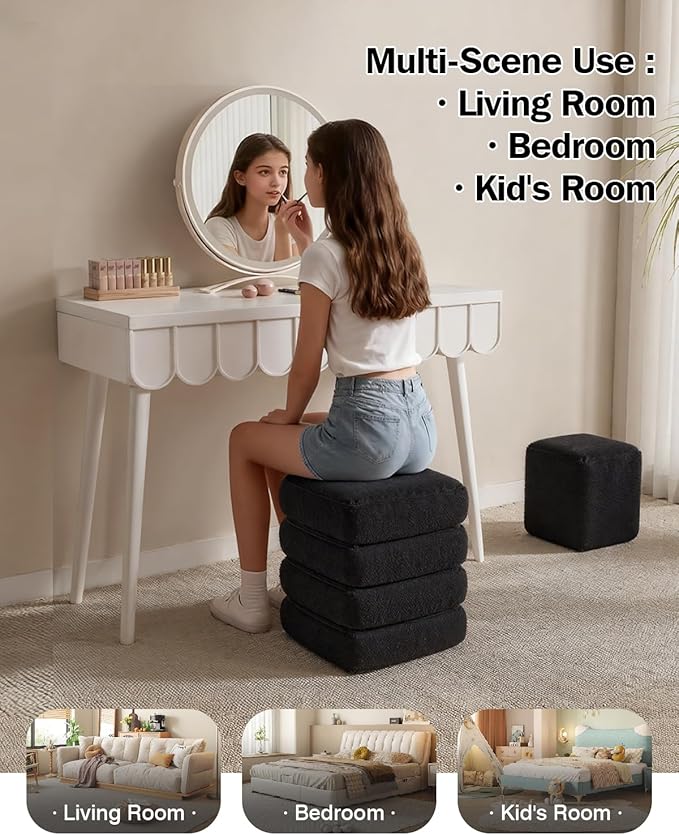Sqare Set of 2 Sherpa Storage Ottoman Stool Boucle Vanity Stool Footstool with Removeable lid Load up to 440 lbs for Livingroom Bedroom Black UASND69B