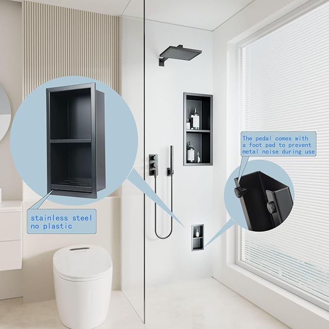 Shower Foot Rest for for Shaving Legs,Double Bathroom Selves Niche Insert for Footrest,Foot Holder Bathroomr,Stainless Steel 304，Matte Black,12.2 in x 4.8 in x 3.9 in