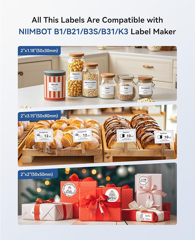 NIIMBOT B1 Label Maker Machine with Tape, Label Printer with 3 Rolls Label Paper, 50x30mm/50x80mm White Paper/50x50 Round Label for Office Supplies, Home, Business