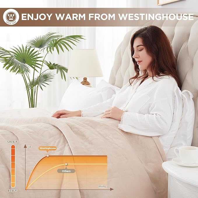 Westinghouse King Size Electric Heating Blanket, 10 Levels, Auto Shut Off, Fast Heating, Machine Washable (Beige, 100x90 Inches)
