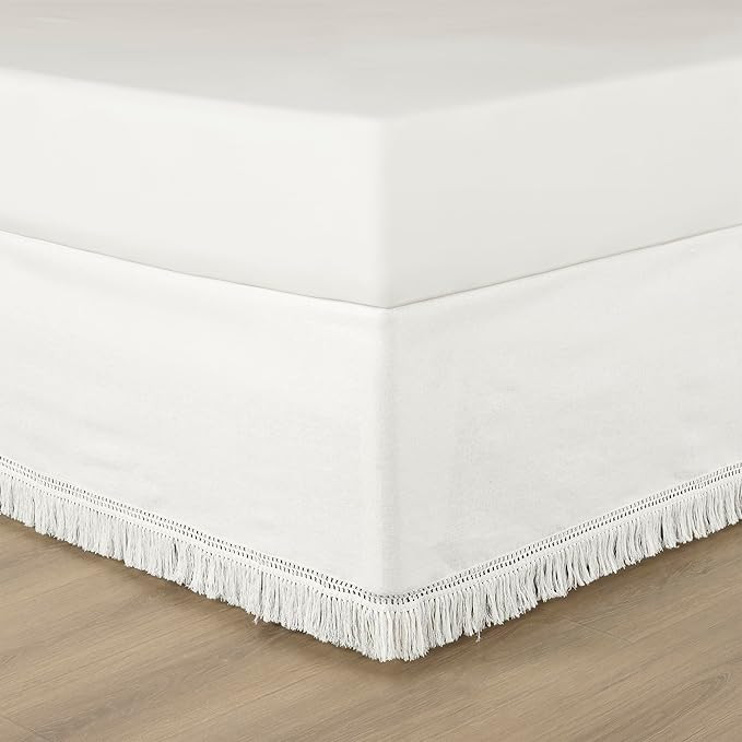 Lush Decor Boho Fringe 15-Inch Tailored Drop Easy Fit Bedskirt, King, Pure White