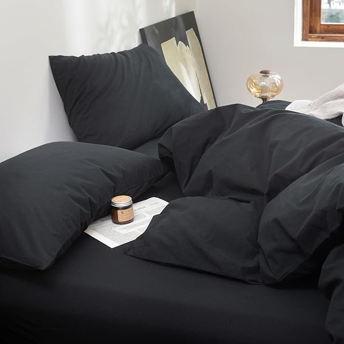 FOSSA Duvet Cover Set 100% Washed Cotton Linen Feel Super Soft Breathable Cozy 3 Pieces Bedding Sets Solid Black Oversized King Plus