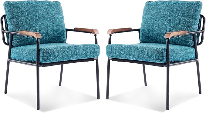 VINGLI Mid-Century Modern Accent Armchiars Set of 2 for Small Space, Small Comfy Upholstered Leisure Reading Chairs with Wood Armrests for Bedroom, Living Room, Waiting Room, Linen Teal