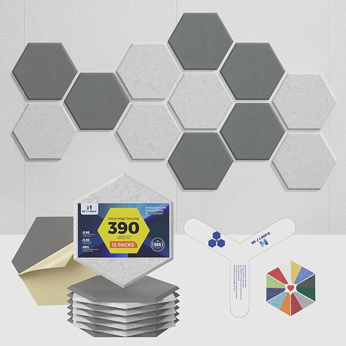 Self-Adhesive Acoustic Panels [390 lbs/yd³ Ultra-High Density], 2nd Generation Sound Absorbing Panel, Professional Level Sound Panel, Polyester Soundproof Foam [Size M, MoonGrey & SilverGrey]