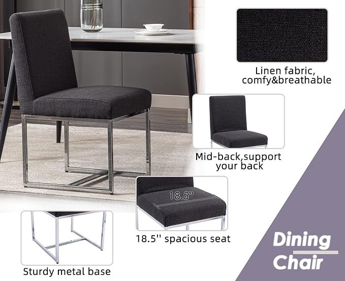 CIMOTA Black Modern Dining Chairs Set of 2, Upholstered Dining Room Chairs Armless Guest Side Chair with Chrome Base for Dining Room/Kitchen, Charcoal Black, 2PCS