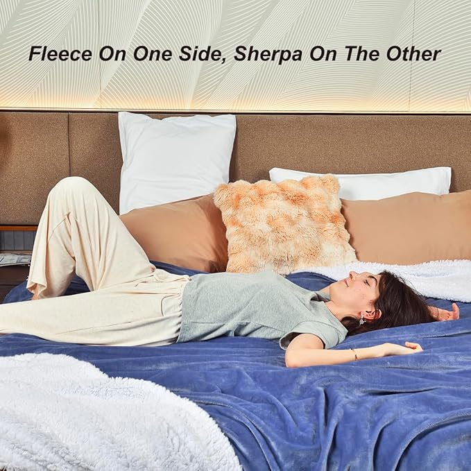 KAWAHOME Sherpa Fleece Twin Size Blanket for Bed - Extra Warm and Heavy Thick Blankets for Winter, Super Soft 500GSM Plush Blanket, 66"X 90" Washed Blue