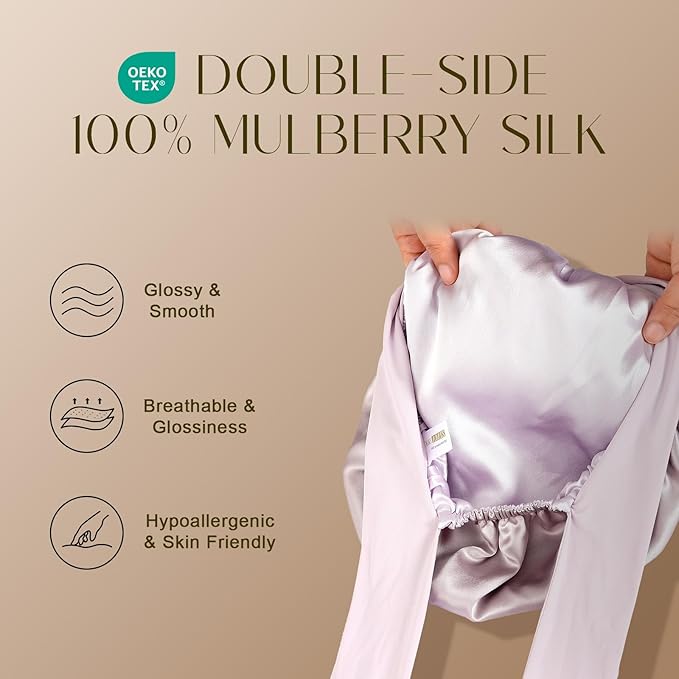 ZIMASILK 100% Mulberry Silk Bonnet for Sleeping Women Long Hair Double Layer Silk Hair Wrap with Tie Band Stay On Head (1Pc, Purple)