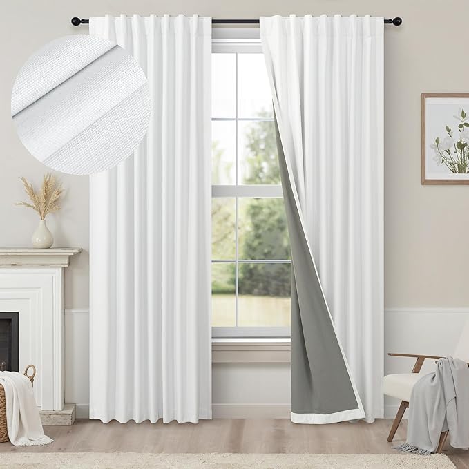Black Out Curtains 72 Inch Long 6 ft Length 2 Panel Set Neutral Cute Blackout White Linen Look Living Room Darkening Window Drape for Bedroom Insulated Thermal Curtain for Winter Cold UV Cooling 52x72