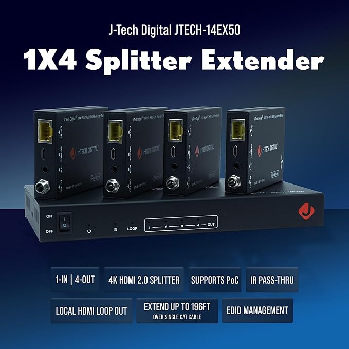 J-Tech Digital HDMI 2.0 4K 1x4 Splitter Extender Over Single Cable CAT6 with PoC Up to 196 FT 1-in 4-Out w/Local Loop Output & Low Latency [JTECH-14EX50]