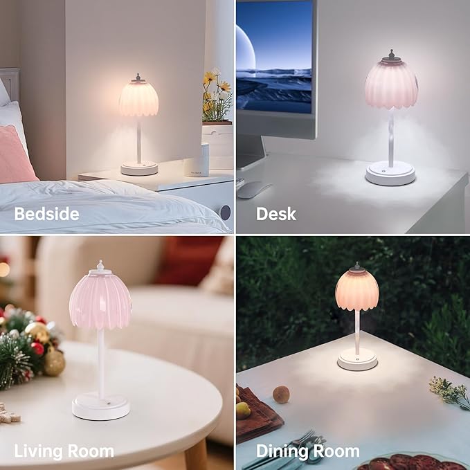 Tulip Table Lamp with 5200mAh Battery & Touch Control, Cordless Small Table Lamp with 3 Colors, Dimmable Rechargeable Table Lamps for Living Room, Bedroom, Desk, Bedside (Creamy Pink Tulip)