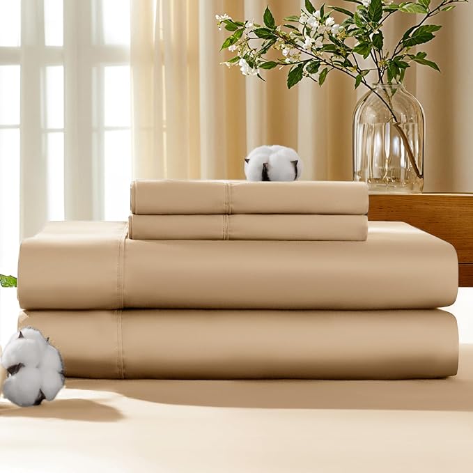 LBRO2M 100% Cotton Sheets Set Deep Pocket 19", 1000 Thread Count California King Size 4 Piece Bed Sheet Sets Soft Comfortable Bedding All Season (California King, Cream)