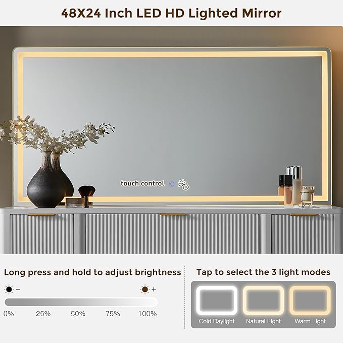 T4TREAM 48" Fluted Makeup Vanity Desk with 48" Large Mirror and HD LED Lights, Modern Vanity Table with 9 Drawers & Charging Station, Glass Top and Golden Handles Dressing Table for Bedroom, White