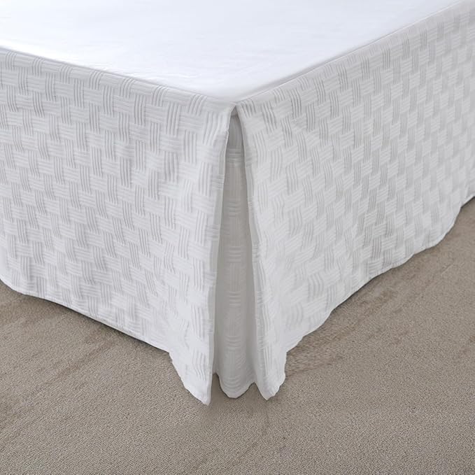 King Size Bed Skirt, Pleated Knitted Jacquard Waffle Weave Striped Bed Skirt, Tailored Dust Ruffle 14 Inch Drop Easy Fit, Machine Washable (White, King- 14" Drop)