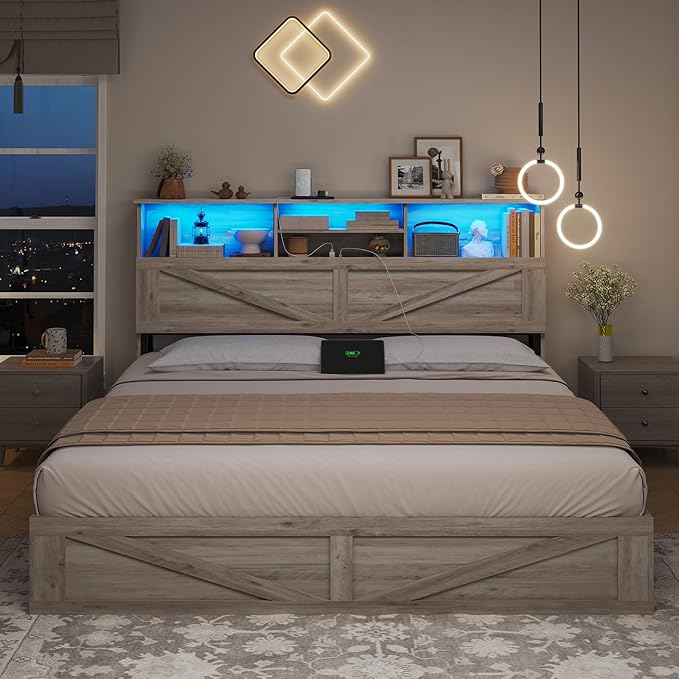 AOGLLATI Farmhouse Queen Bed Frame with 4 Storage Drawers and Led Lights, Wooden Bed Frame Queen Size with Hidden Space Bookcase Headboard and Led Lights & Metal Slats, Grey