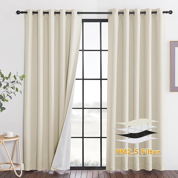 RYB HOME Dustproof Curtains for Large Window, Soundproof Thermal Insulated Blackout Curtains for Sliding Glass Door Furance Office Dorm Bedroom Living Room, Beige, W62 x L95 inch, 2 Panels