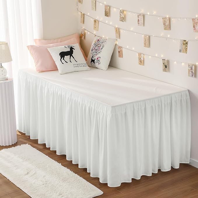 RIMELA Dorm Bed Skirt Twin XL 46 Inch Drop, Easy to Install Extra Long Wrap Around Elastic Dust Ruffle, Warm White Bedskirt Solid Silky Fabric Machine Washable (Twin XL 80“L x 39”W & Twin 75“L x 39”W)