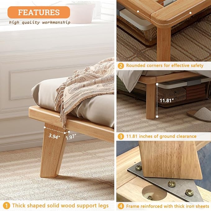 Twin Platform Bed Base - 14 Inch Solid Wood Mattress Foundation with Support Slats and Legs, Twin-Size Rubberwood Simple Bed Frame