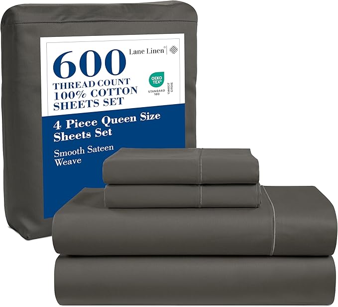 LANE LINEN Queen Size Bed Sheets Set – 600 Thread Count 100% Natural Cotton Cooling Sheets, Hotel Luxury Soft Sateen Finish, Snug Fit 15" Deep Pocket Elasticized Fitted Sheet – Charcoal