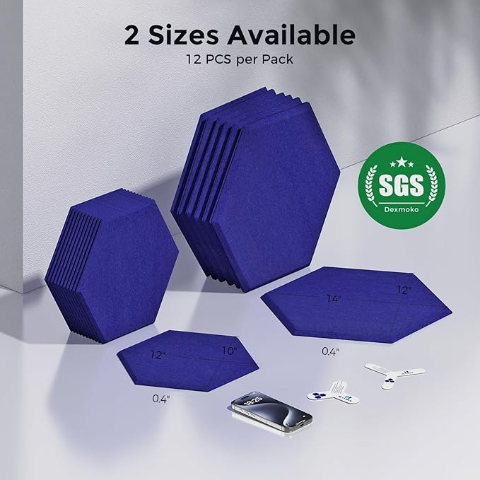 Self-Adhesive Acoustic Panels [390 lbs/yd³ Ultra-High Density], 2nd Generation Sound Absorbing Panel, Professional Level Sound Panel, Polyester Soundproof Foam [Size M, Navy Blue]