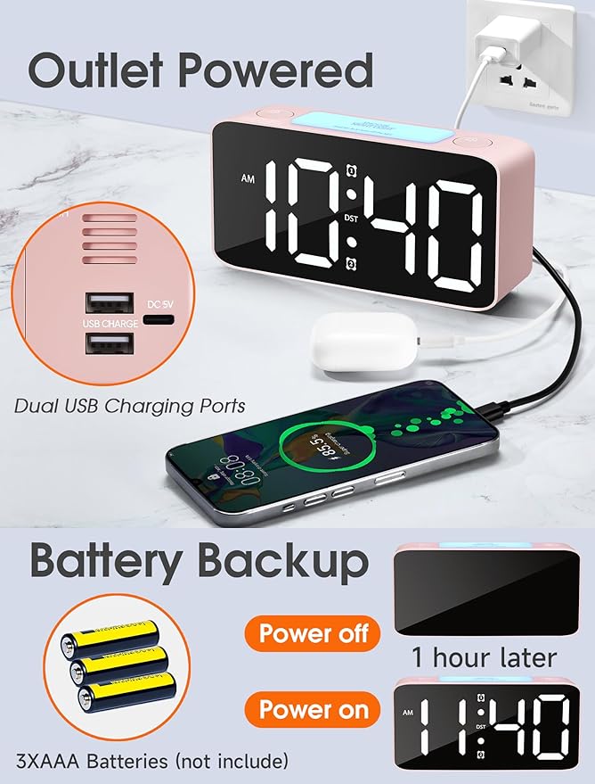 Cadmos Super Loud Alarm Clock for Heavy Sleepers Adults,Digital Clock with 7 Color NightLight,Adjustable Volume,USB Charger,Small Clocks for Bedrooms Bedside,ok to Wake for Kids,Teens (Pink+RGB)