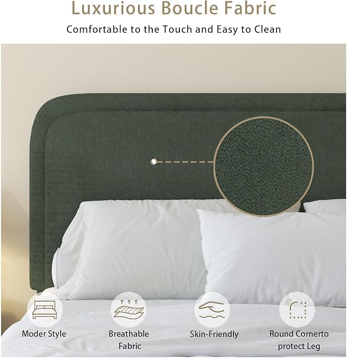 BarnFurin King Size Boucle Bed Frame and Headboard, Cloud Upholstered Platform Bed Frame, Soft Rounded Corners, Modern Style, No Box Spring Required, Easy Assembly, Green