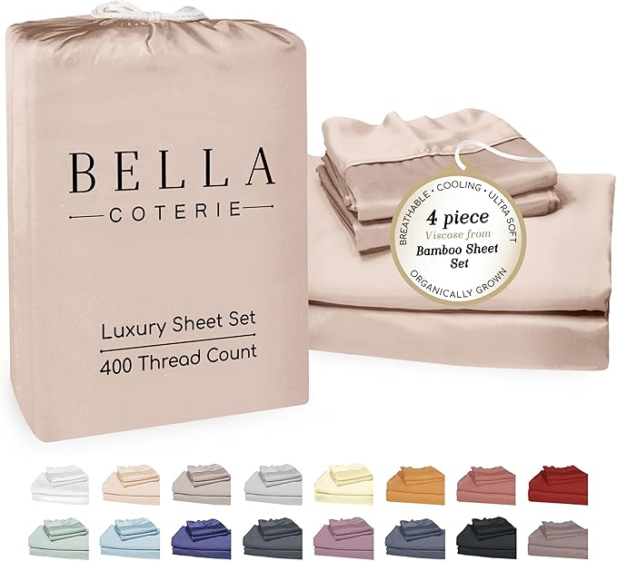 Bella Coterie Luxury Bamboo Viscose Queen Size Sheet Set | 100% Organically Grown | Ultra Soft | Cooling for Hot Sleepers | 18" Deep Pocket [Dusty Rose]