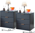 LEYAOYAO 23" Wide Fluted Farmhouse Night Stand Set of 2 with Charging Station, 3 Drawers Large End Table w/Metal Handle,Nightstand Bedside Table,Wood Dresser for Bedroom, Closet,Blue