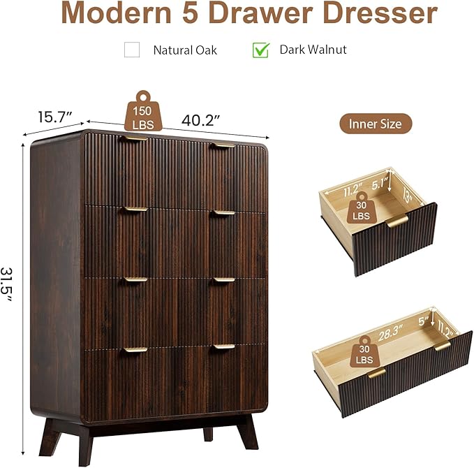 QUW Fluted Dresser for Bedroom with 5 Drawers, Modern 40.2" Tall Drawer Dressers with Metal Handle, Wooden Chest of Dresser for Living Room, Hallway, Dark Walnut