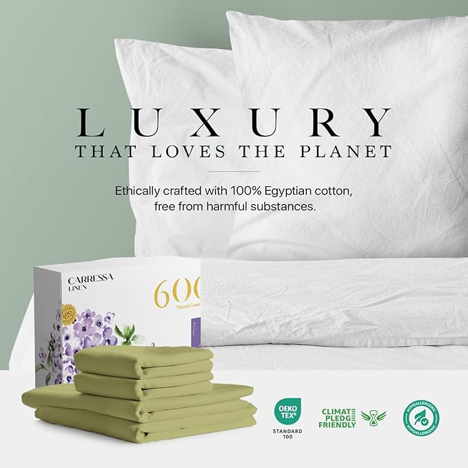 Carressa Linen California King Egyptian Cotton Sheet Sets - 600 Thread Count Cal King Cotton Sheet Set (4 PC, Herb Garden), Extra Soft, Cooling, 16" Deep Pocket Sateen Weave Luxury Hotel Bed Sheets