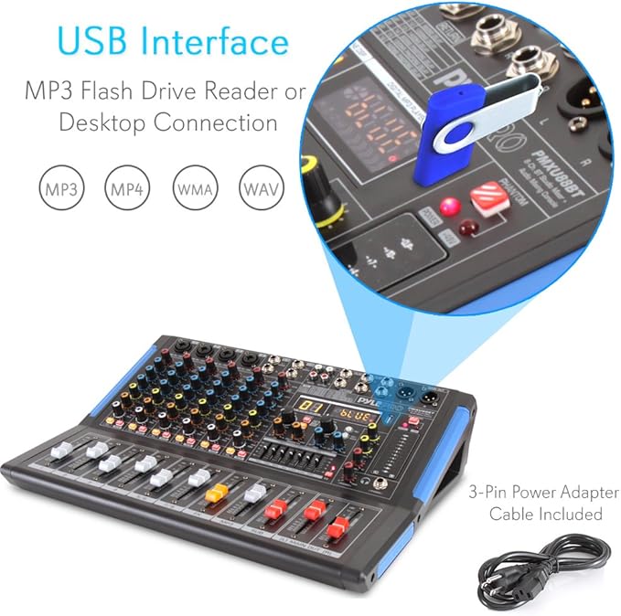 Pyle 8-Channel Bluetooth Studio Audio Mixer- DJ Sound Controller Interface w/ USB Drive for PC Recording Input, XLR Microphone Jack, 48V Power, RCA Input/Output for Professional & Beginners- PMXU88BT